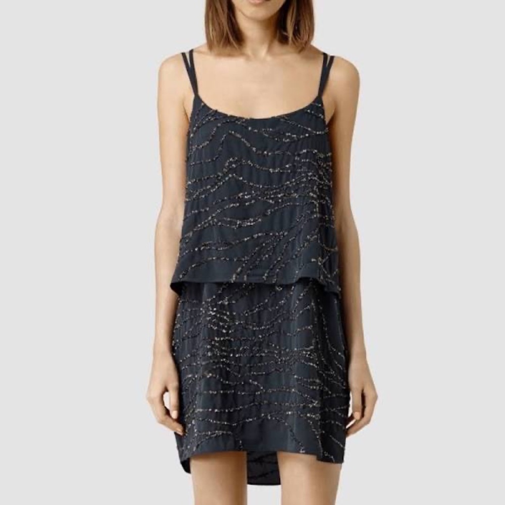 ALL SAINTS Gunmetal Embellished Mini Dress US Size 6 Sequins Gray Party Cocktail